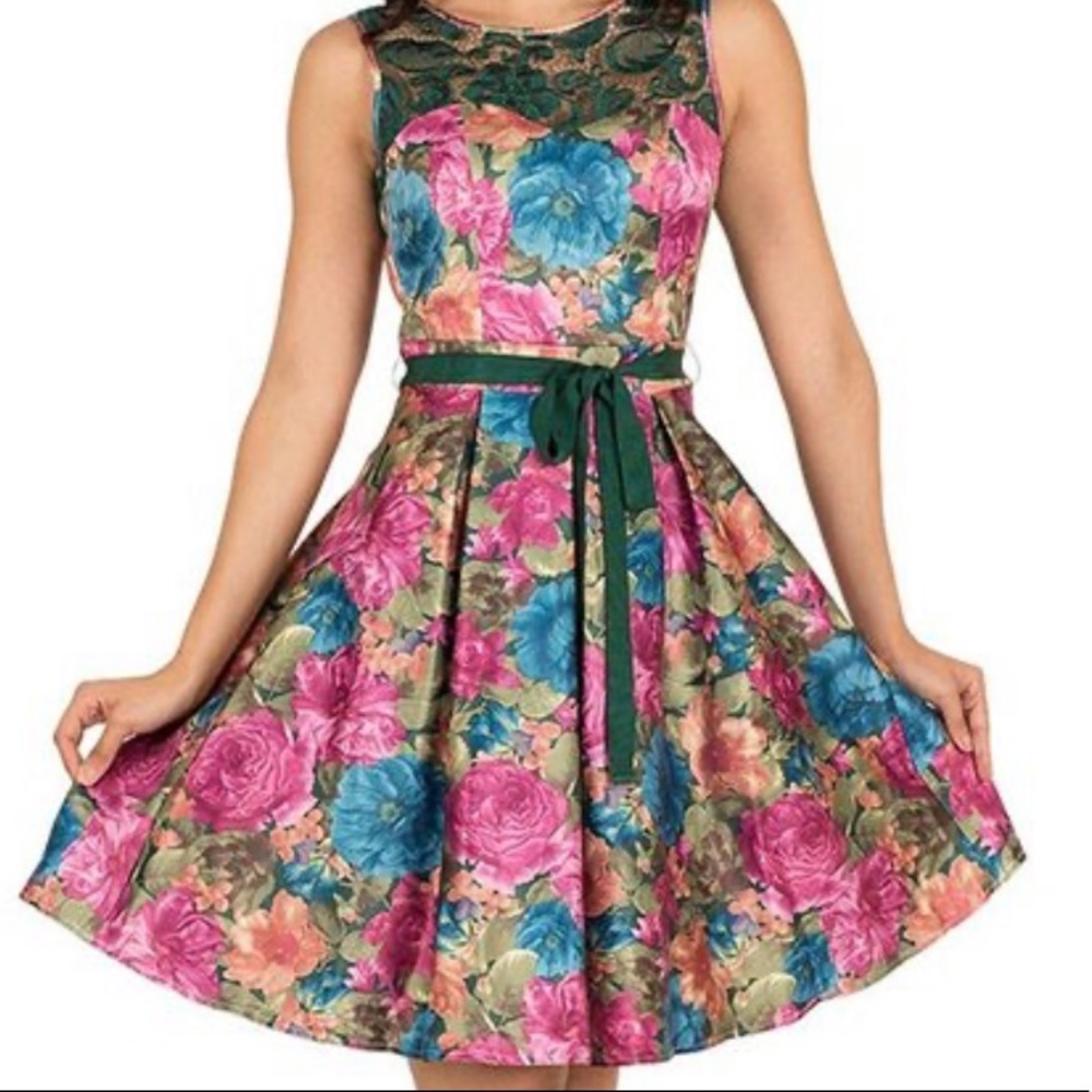 Floral Fit-and-Flare Dress with Green Waist Tie - Women